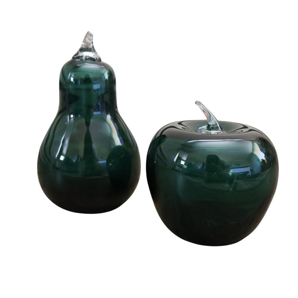 Vintage Blenko Green Hand Blown Glass Fruit Pear & Apple Set MCM Decor Art